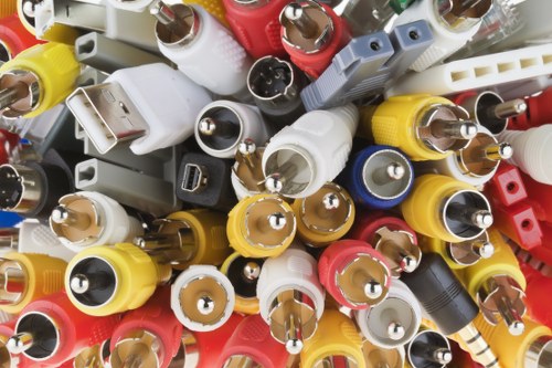 A close-up view of a densely packed pile of various electronic and audio-visual cables with connectors, including RCA plugs, USB adapters, and power cords, in a mix of colors such as yellow, white, red, black, and blue. The cables are tangled and layered, with some connectors visible on the ends, reflecting different textures like plastic and rubber. The background shows other miscellaneous cables and connectors, suggesting a collection of waste electronics or jumble of discarded cables typically encountered during rubbish clearance in residential or commercial settings. The image emphasizes the assortment and variety of materials often found during rubbish removal services, such as those provided by House Clearance Rickmansworth, serving local areas nearby Rickmansworth in Hertfordshire, with a focus on cluttered electronic waste ready for disposal or recycling.